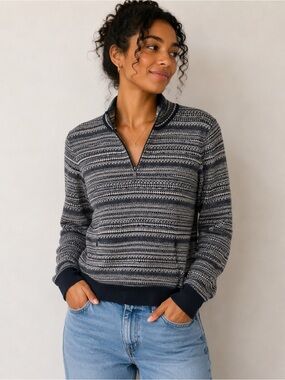 Roots Fair Isle Half Zip Sweater | Black & Cream | Size Medium
